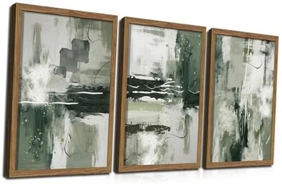 Sage Green Abstract Wall Art Set of 3, 16L" x 12W" Green Abstract Art Framed - Image 1 of 4
