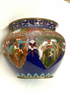 "Gran maceta antigua de esmalte cloisonné japonés Meiji temprano paneles florales Phoenix 8""" - Imagen 1 de 12