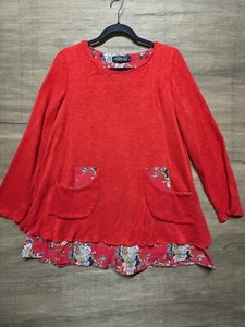 Mini abito donna taglia M rosso floreale due strati tunica camicia maglione manica lunga - Foto 1 di 9