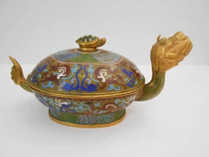 Vintage Chinese Cloisonne and Gilt Bronze Lidded Dragon Bowl  10" - Picture 1 of 7