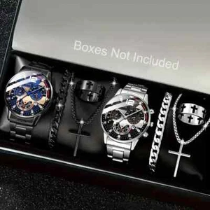 8pcs Men's Quartz Watch Set with Black Round Dial, Bracelet, Necklace, Ring - - Picture 1 of 7