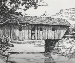 ACEO Kunstkarte Feder- und Tuschezeichnung einer überdachten Brücke, gezeichnet von Eric Sloane - Bild 1 von 1