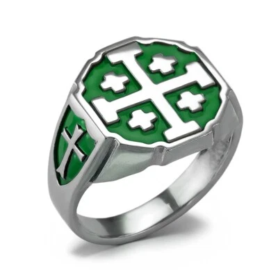 Anillo de plata esterlina con sello octágono esmaltado color cruz de Jerusalén personalizado Foto 1 de 4