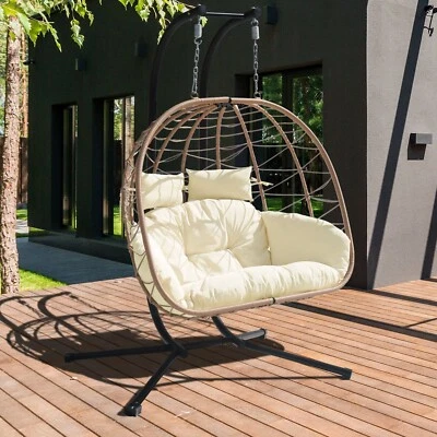 Double Hanging Egg Chair Outdoor Patio Wicker Chair with Stand Canopy Cushion - Image 1 of 4
