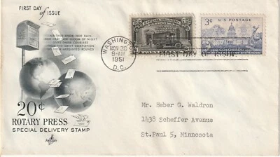 U.S. FDC 20c Special Delivey Mail Truck Stamp  E19 -- Art Craft Cachet -- 1951 - Image 1 of 2