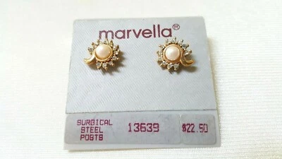 Pendientes Marvella Oro Diamantes de Imitación Perla Prcd Poste Acero Quirúrgico En muy buena condición Foto 1 de 4