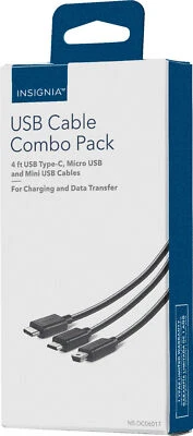 NEW Insignia 3-Cable Sync Charge Combo Pack 4 Mini Micro USB-C Type-C Cable USBC - Image 1 of 4