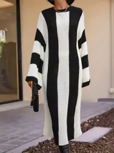 SHEIN LUNE Two Tone Stripe Batwing Sleeve Sweater Dress L 12 14 Black Cream - Picture 1 of 4