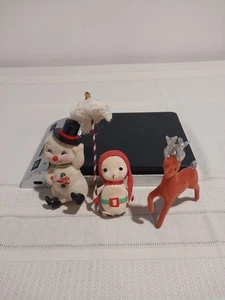 3 Vintage Christmas Decorations Flocked Snowmen & Reindeer Japan - Picture 1 of 10