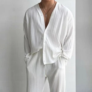 2x/set Men Casual V-neck Blouse and Pants Set Long Sleeve Shirt Tops Thin Summer - Picture 1 of 12