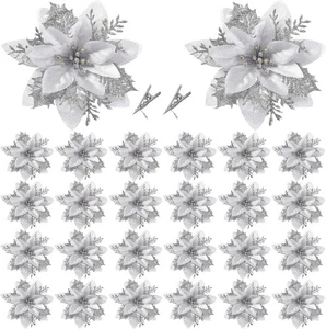 24 Pcs Glitter Poinsettia Flowers Christmas Tree Clips - Picture 1 of 5