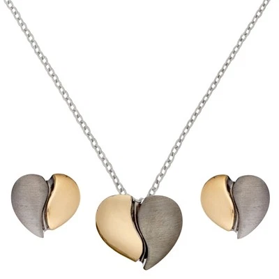 Silverly Set Orecchini e Collana Argento 925 Placcato Oro 14K Cuore 2 Toni Meta' - Immagine 1 di 3