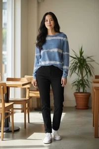 AVANT TOI Long Sleeve Top Medium Blue White Beaded Striped Cashmere Silk NEW - Picture 1 of 11