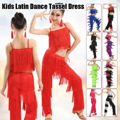 Kids Latin Dance Costumes Ballroom Plus Size Fringe Tassel Stage Outfits Costume - Image 1 of 4