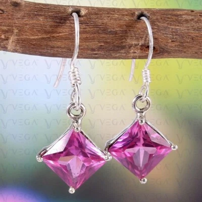 4.00carat Princess Cut Natural Sapphire Solitaire Earring 14K White Gold Plated - Image 1 of 4