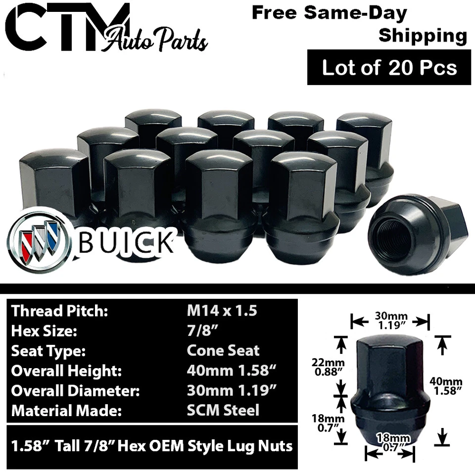 20x Black Buick Lacrosse Regal OEM Factory Wheel Lug Nut 14x1.5 Fit Stock Wheel - Image 1 of 3