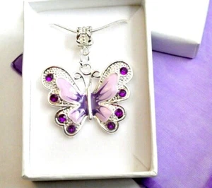 Purple Enamel Butterfly Necklace 18 inch Silver Plated Snake Chain in Gift Box - Picture 1 of 2