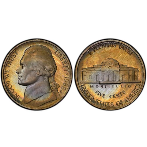 PR68DCAM 1988-S Jefferson Proof Nickel, PCGS Secure- Pretty Album Toned Cover