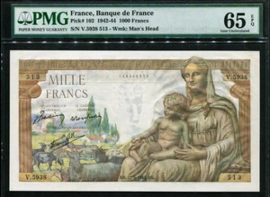 France 1942-1944(1943), 1000 Francs, V5938-513, P102,PMG 65 EPQ GEM UNC - Picture 1 of 2