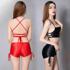 Women Wetllook Bandage Camisole Tank Crop Top Sports Shorts With Side Drawstring