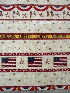 1 YD PATRIOTIC STRIPE FLAGS, BUNTINGS ON TAN 100% COTTON OOP - Picture 1 of 4
