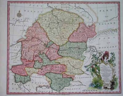 1745 ИЗЯЩНАЯ РЕДКАЯ ОРИГИНАЛЬНАЯ КАРТА БОГЕМИЯ ЧЕШСКАЯ СЛОВЕНИЯ АВСТРИЯ ТИРОЛЬ МОРАВИЯ ГЕРМАНИЯ - Изображение 1 из 4