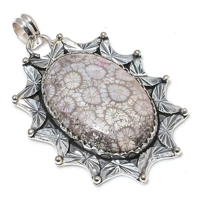 Pingente de prata esterlina 925 feito à mão com pedras preciosas de coral fóssil - Imagem 1 de 4