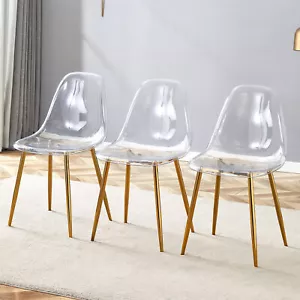 Transparent Dining Chairs Set of 3 Kitchen Plastic Chairs Chair Gold Metal Legs - Picture 1 of 21