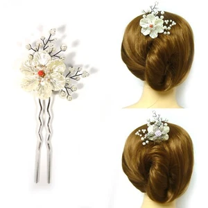 Different Both Side White Pearl Flower Silver Wavy Metal Fork Hair Stick Hairpin - Picture 1 of 12