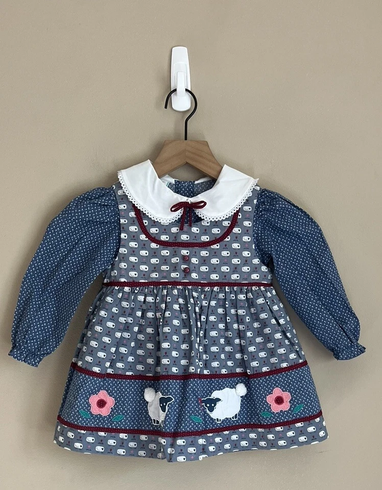 Vestido Delantal Vintage Niñas Jersey Estampado Oveja Delantal Talla 3 3T Cottagecore Foto 1 de 4
