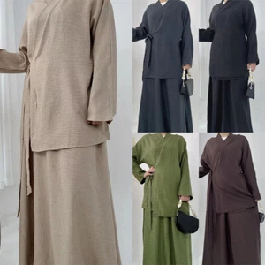 Womens Khimar Skirts Abaya Muslim Wrap Tie Dress Set Kaftan Islamic Arab 2 Piece - Picture 1 of 37