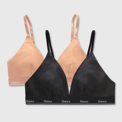 Hanes Originals Womens Size S Triangle Bralette Stretch Cotton Black Camel 2pk - Image 1 of 4