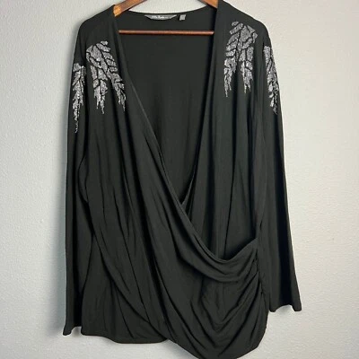 Ulla Popken Black Embellished Sparkly Faux Wrap Top Plus Size Blouse Sz 24/26 - Image 1 of 4