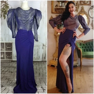 Vintage 1930s Gold Lame Purple Rayon Crepe Puff Sleeve Gown Dress Md Sm - Image 1 of 4