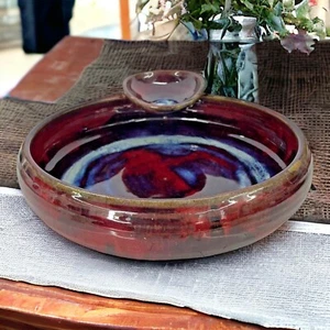 Burning Mud Pottery Vermont Serving Dip Dish Bowl Vibrant Blue Red Glaze - Picture 1 of 12