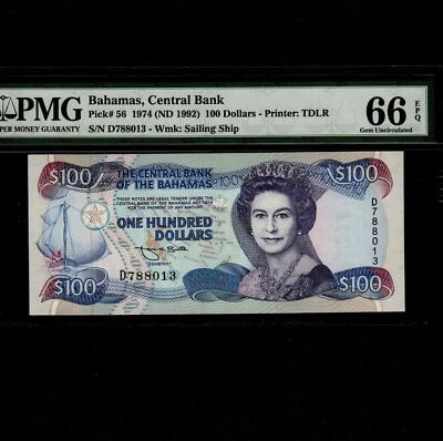 Bahamas 100 Dollars 1974(1992) P-56 * PMG Gem Unc 66 EPQ * Queen Elizabeth * - Image 1 of 4
