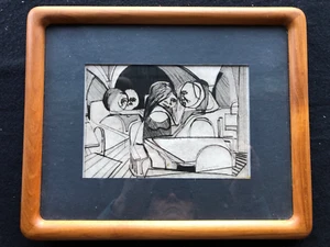 Small Etching Cubism Signed Framed Matted Coffee Shop Movies Restaurant People - Picture 1 of 5