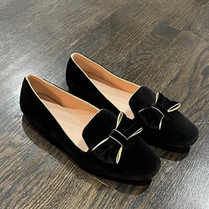 J.Crew Flats Women’s 9 Black Gold Velvet Smoking Slippers Bow Preppy Old Money - Picture 1 of 10