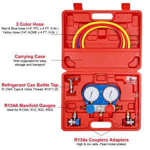 R134a R410a R22 HVAC A/C Manifold Gauges Set Refrigerant Kit 5FT AC Vacuum Pump - Picture 1 of 11