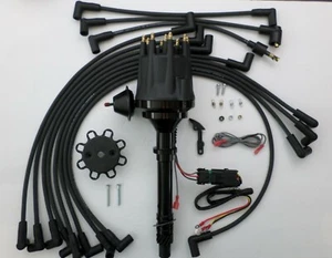 CHEVY 327 350 ALL BLACK Small Cap HEI Distributor + plug wires over valve covers - Picture 1 of 6