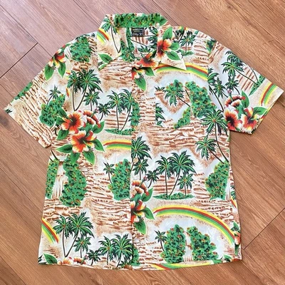 Vintage Towncraft Hawaiian Shirt 60s 70s Mens Button Up Rainbow Flowers XL  - Image 1 of 4