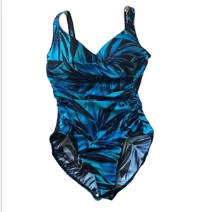 MiracleSuit Tropical Blue Gold Foil Palms Print One Piece Swimsuit Size 18 - Picture 1 of 6