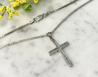 "Collar de plata esterlina conjunto de canales HN cruz de diamantes 925 ITALIA 2 mm cadena de caja 16""" Foto 1 de 4