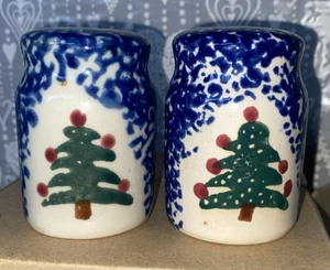 Vintage Holiday Speckled Blue Christmas Tree Salt & Pepper Shakers 3” - Picture 1 of 5