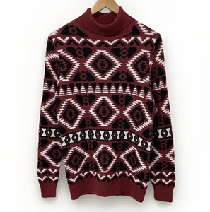 Vintage Aztec Roll Neck Jumper Women's M Russet Red Longline British Knitwear - Picture 1 of 20