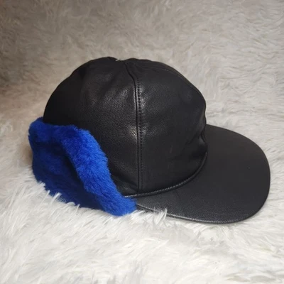 Ugg Faux Fur Lined Shearling Leather Baseball Trapper Hat Black Blue Mens S/M - Image 1 of 4