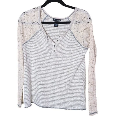 Socialite Striped Henley Tee with Crochet Lace Sleeves Boho Casual Size M - Image 1 of 4