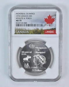1974 Canada 5 Dollars Silver Olympic Athlete & Torch MS70 NGC Canada Lbl - Picture 1 of 5