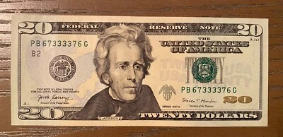 USA $20 UNC 2017 3-digit Radar PB 67333376 G President Jackson - Steven Munchin - Image 1 of 2