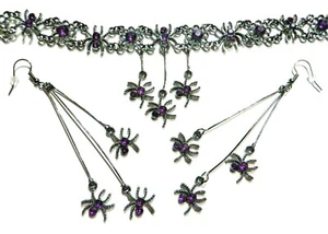 GUNMETAL SPIDERS CHOKER or EARRINGS purple halloween gothic punk necklace set S1 - Picture 1 of 4